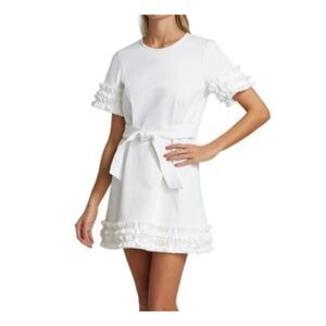 Cinq a Sept Short Sleeve Denim Ruffle Mini Dress White 00